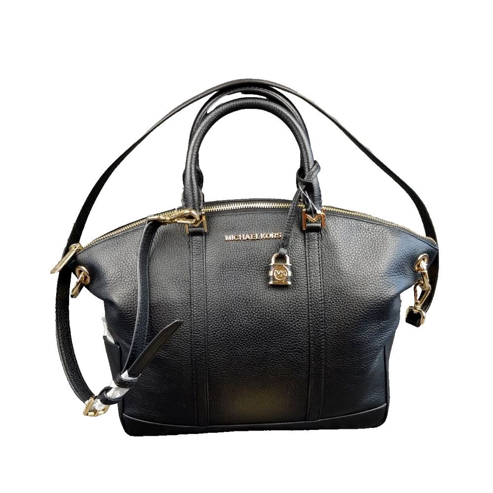 Michael Kors Leather Beckett Satchel Black Crossbody Strap MK Padlock‎ Charm NWT